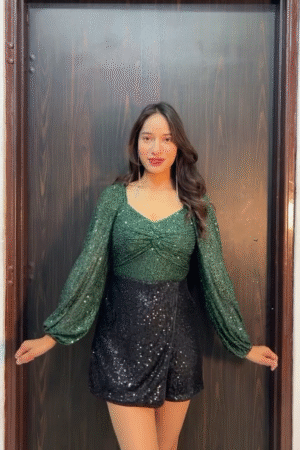 Emerald Green Sequin Top with Black Sparkle Mini Skirt Set