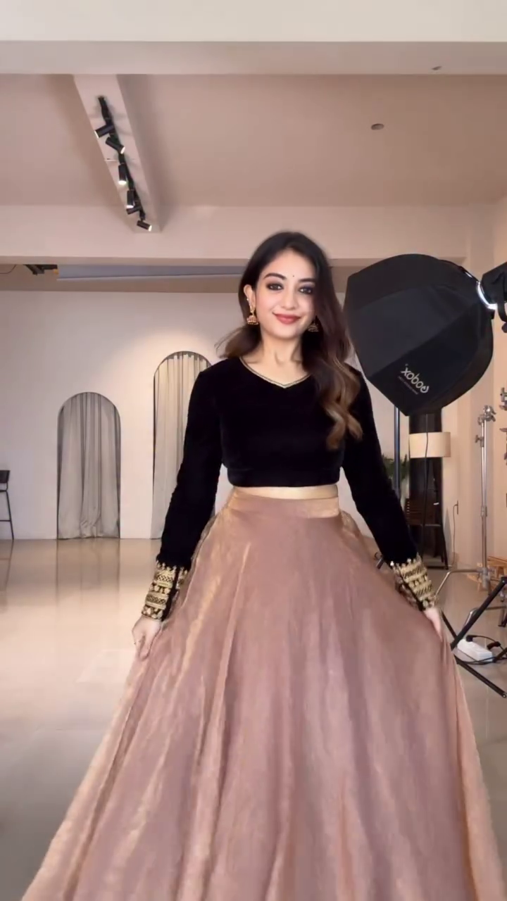 Black Velvet Crop Top with Blush Pink Flared Lehenga Skirt – Festive & Party Wear Set