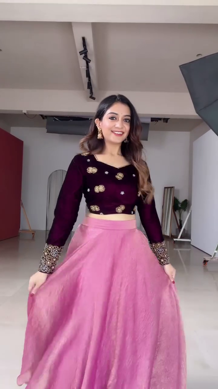 Black Velvet Crop Top with Blush Pink Flared Lehenga Skirt – Festive & Party Wear Set - Image 2