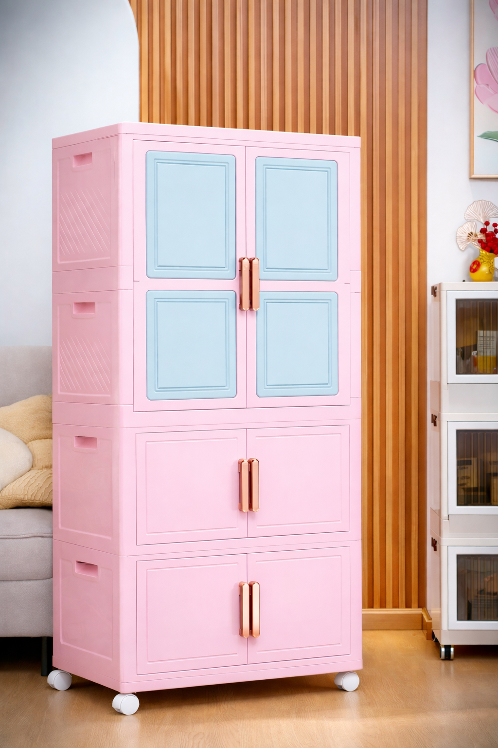 Multipurpose Plastic Storage Cabinet with Doors & Wheels | Space-Saving Organizer for Home - Image 2