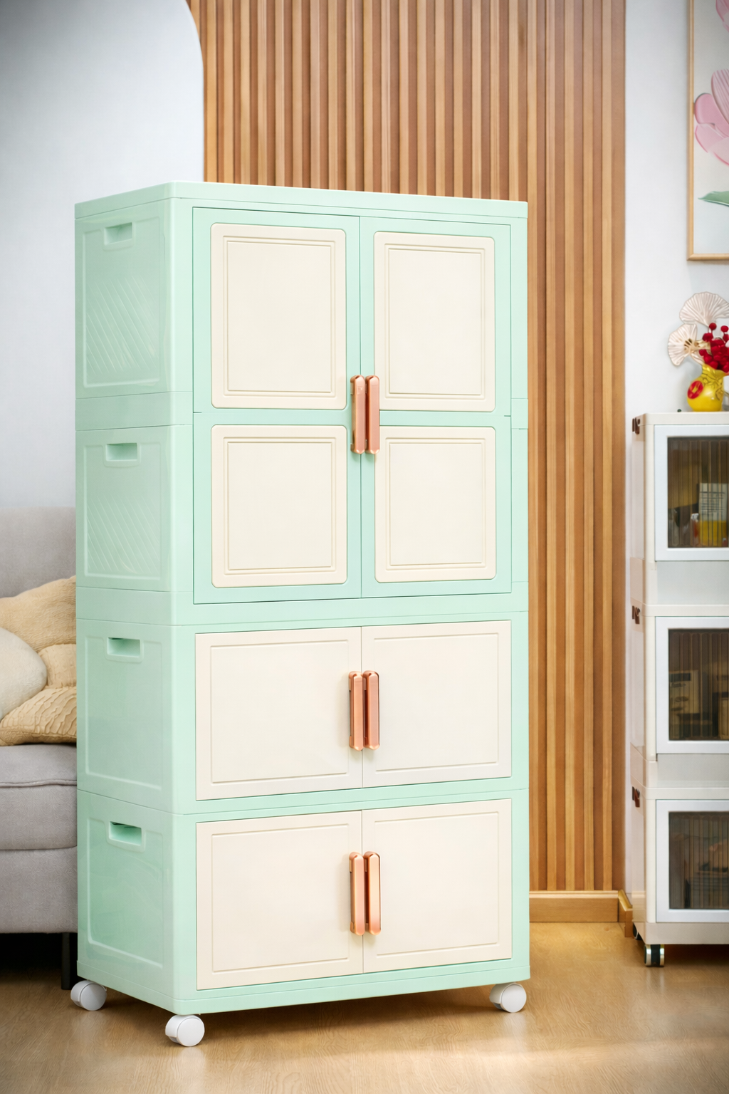 Multipurpose Plastic Storage Cabinet with Doors & Wheels | Space-Saving Organizer for Home - Image 3