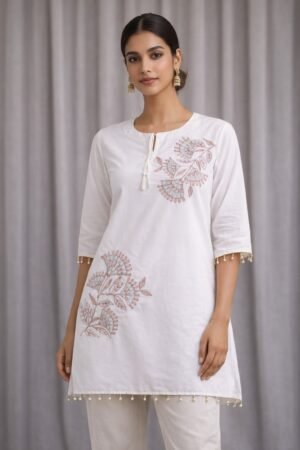 Elegant White Embroidered Kurta Set for Women – Minimal Ethnic Cotton Tunic with Delicate Detailing
