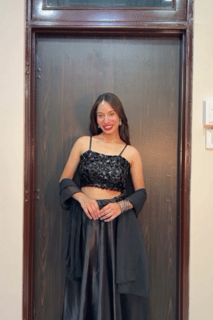 Elegant Black Sequin Embellished Lehenga Set with Spaghetti Strap Blouse & Draped Dupatta