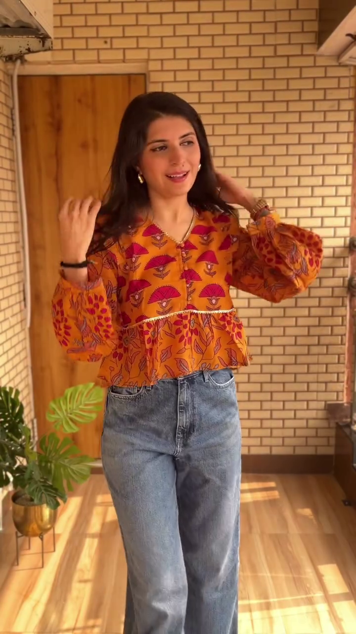 Women’s Boho Printed Peplum Top | Mustard Floral Casual Blouse with Puff Sleeves