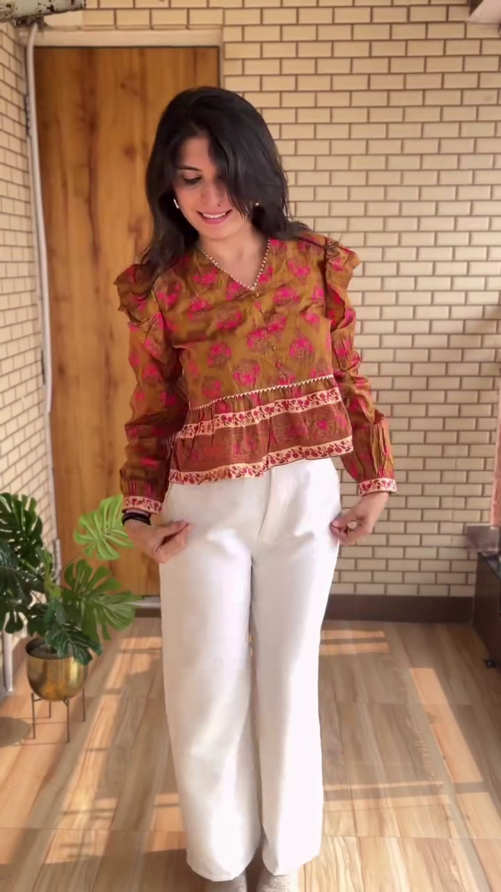 Women’s Boho Printed Peplum Top | Mustard Floral Casual Blouse with Puff Sleeves - Image 4