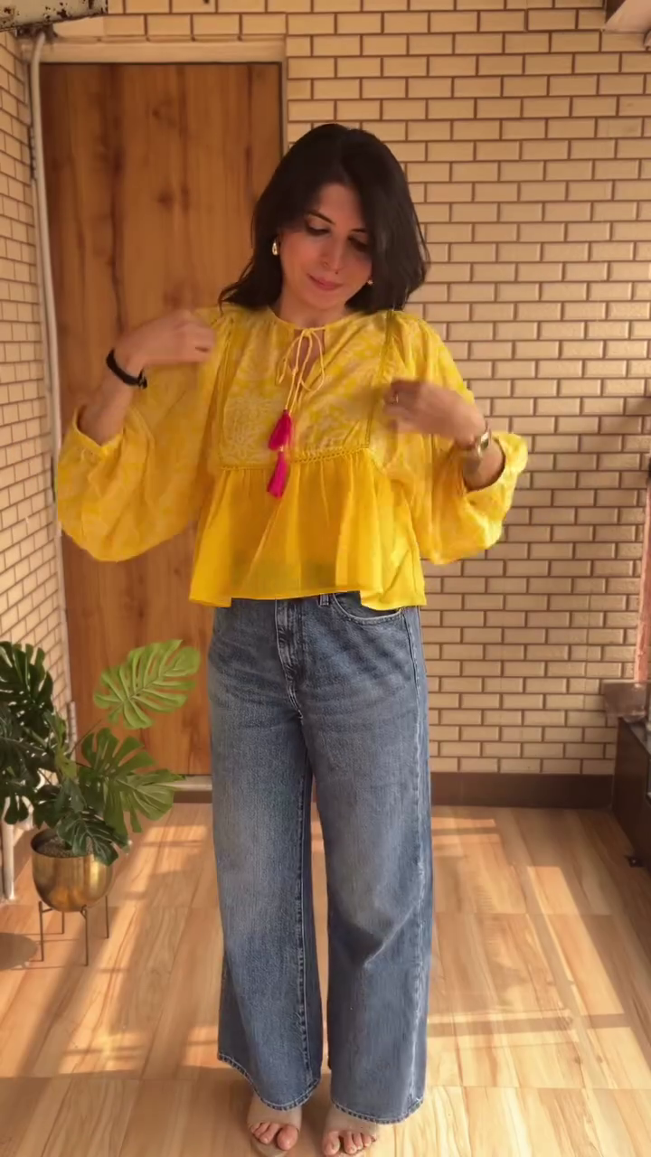 Women’s Boho Printed Peplum Top | Mustard Floral Casual Blouse with Puff Sleeves - Image 3