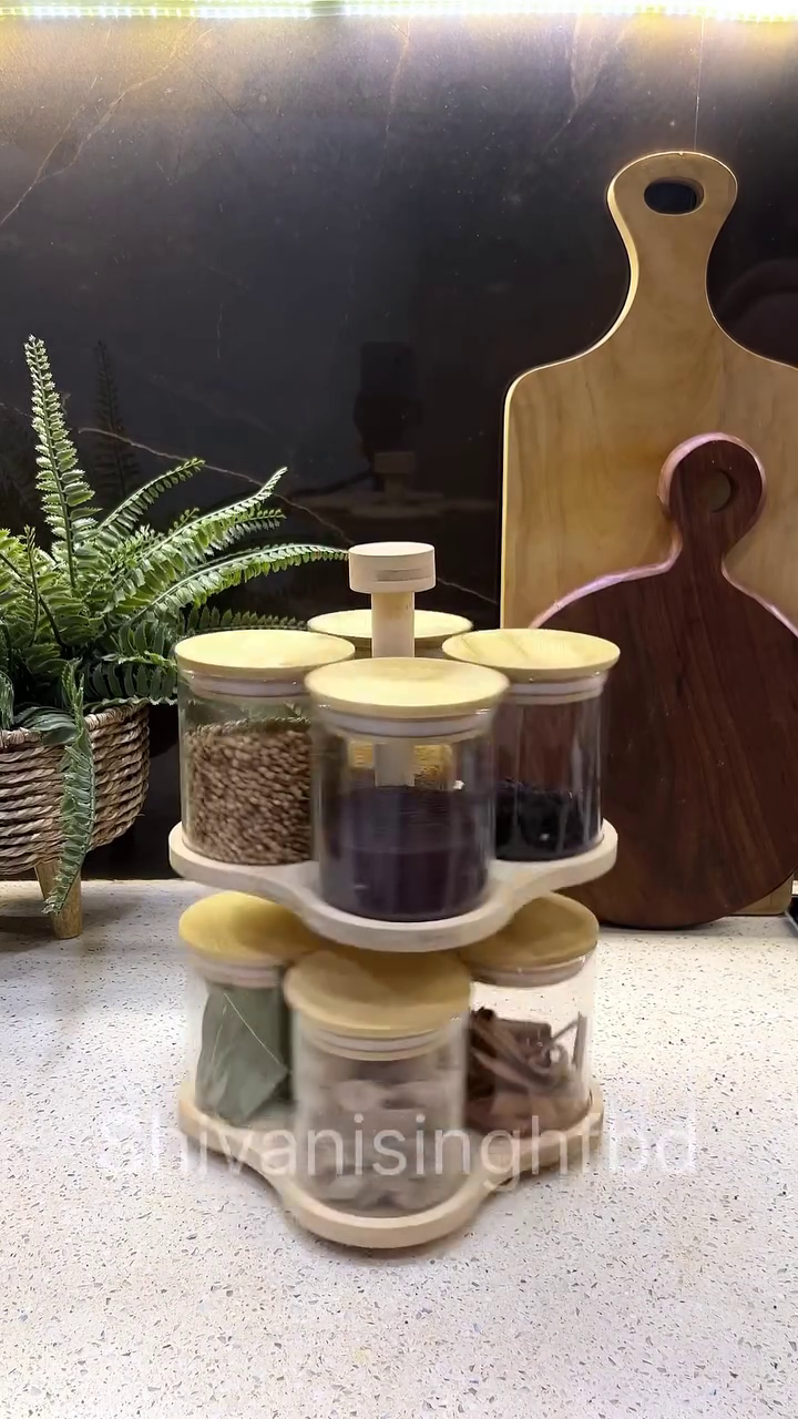 360° Rotating Spice Jar Organizer | Kitchen Masala Storage Rack with Glass Jars