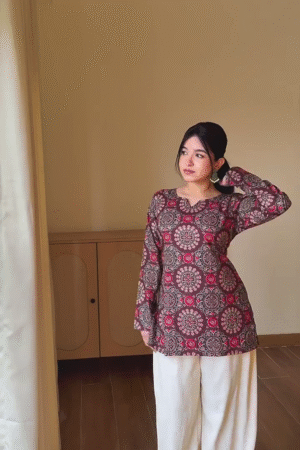Chic Brown Printed Kurta with White Pants | Comfortable Everyday Ethnic Wear for Women