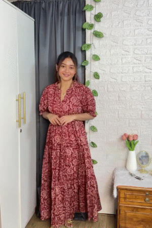Elegant Maroon Floral Maxi Dress for Women | Flowy Ethnic-Inspired Casual Wear